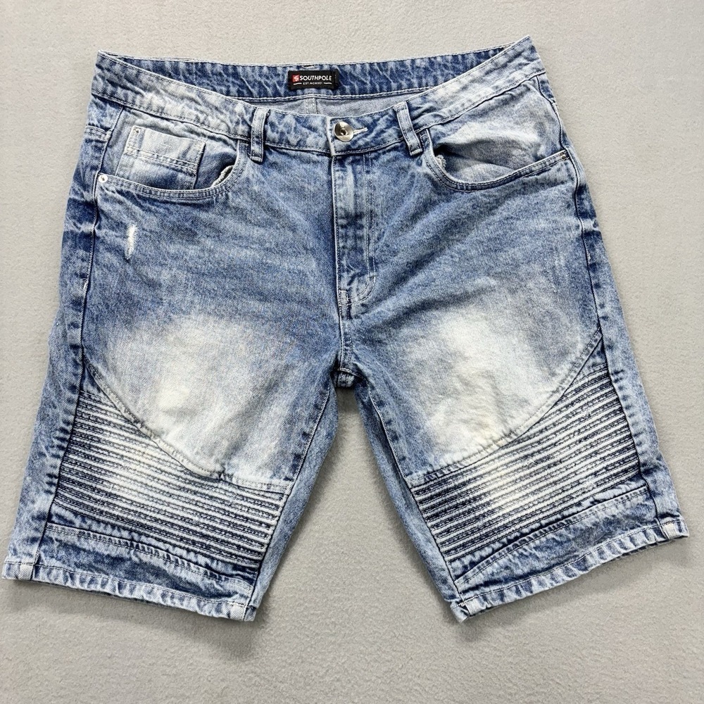 Vintage Southpole Shorts Mens 36 Blue Denim Moto Distressed Y2K Biker Streetwear